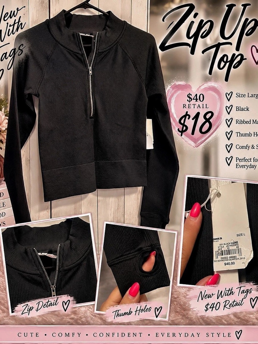 SO Seamless Quarter Zip Black Ribbed Zip-Up Top Large